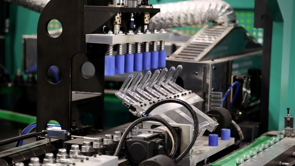 Industrial plastic injection molding machines running on a production floor.